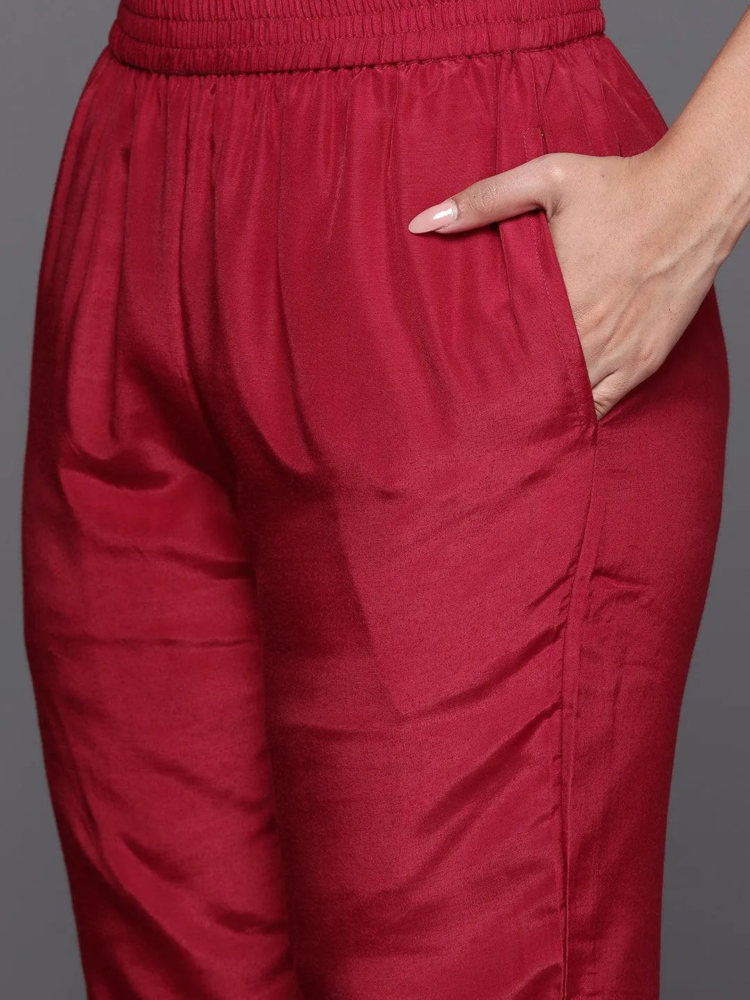 Red Woven Design Silk Blend Straight Kurta With Trousers & Dupatta - Libas 