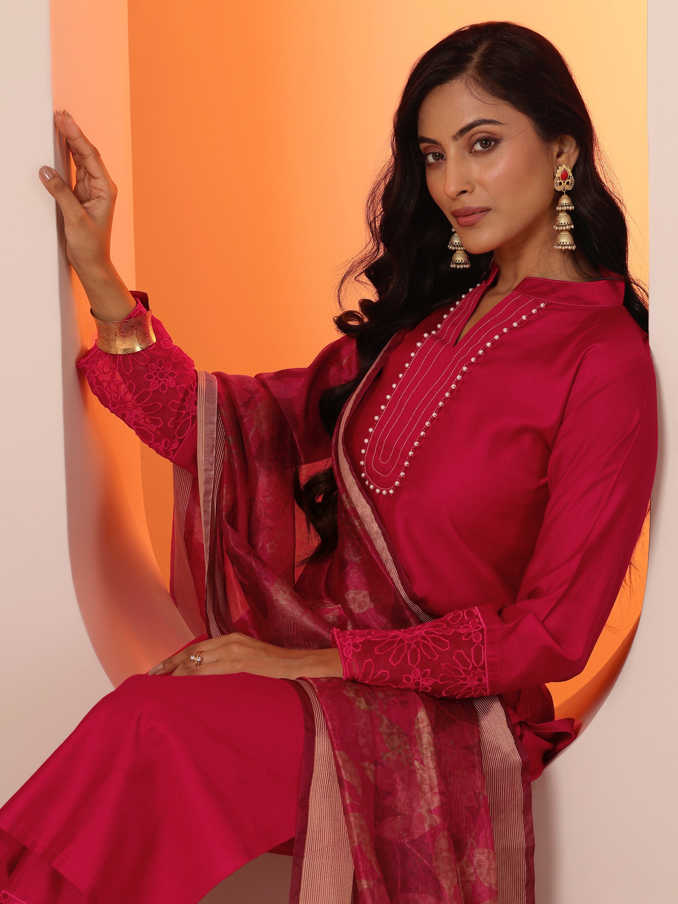 Red Woven Design Silk Blend Straight Suit Set With Dupatta-image-43