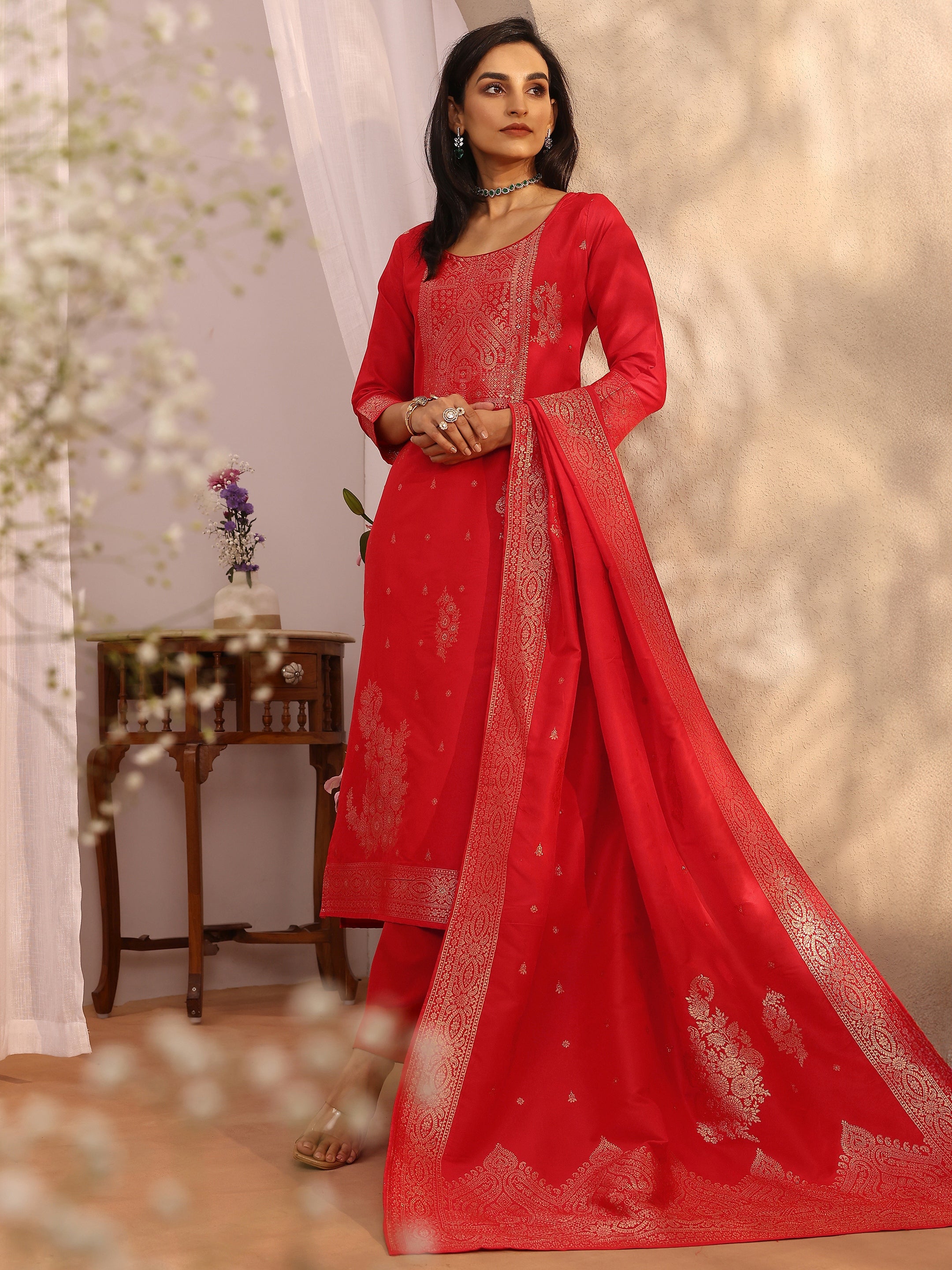 libas Red Woven Design Silk blend Straight Suit Set With Dupatta-picture-24