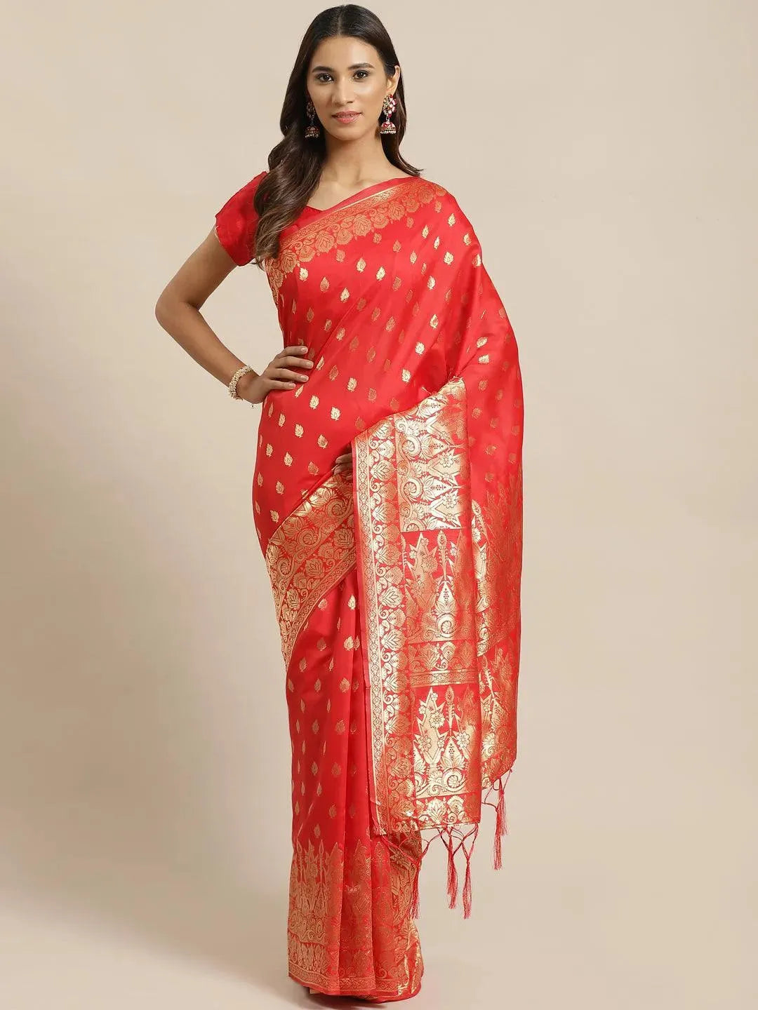 Red Woven Design Silk Saree - Libas