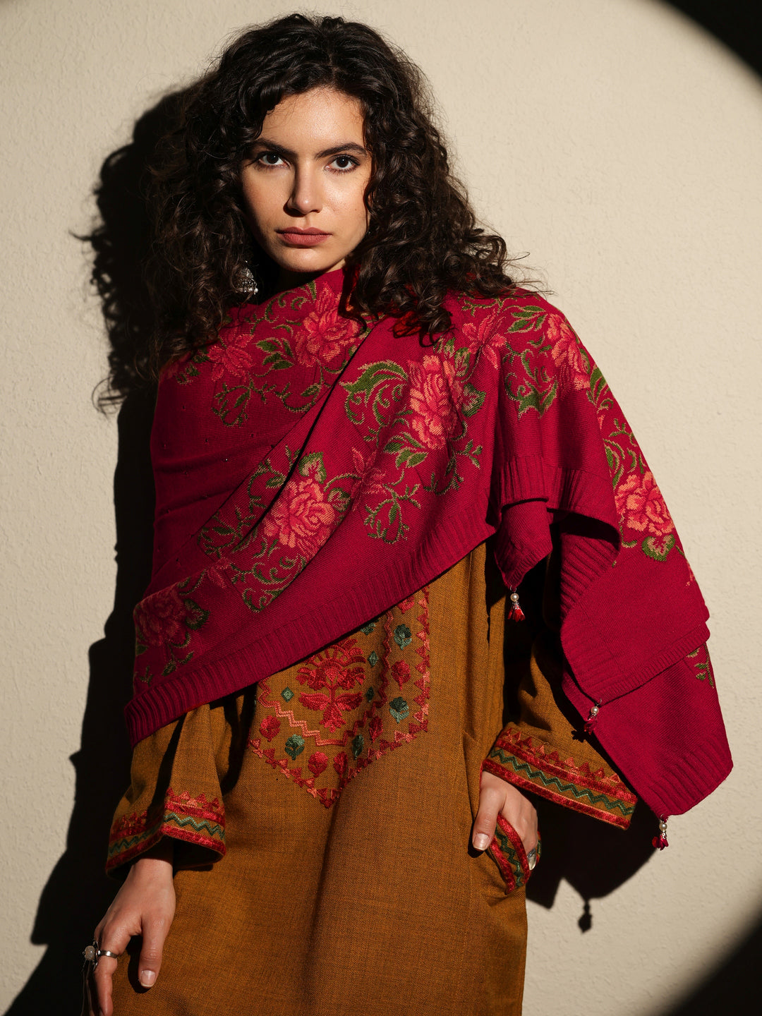 Red Woven Design Wool Women's Shawl