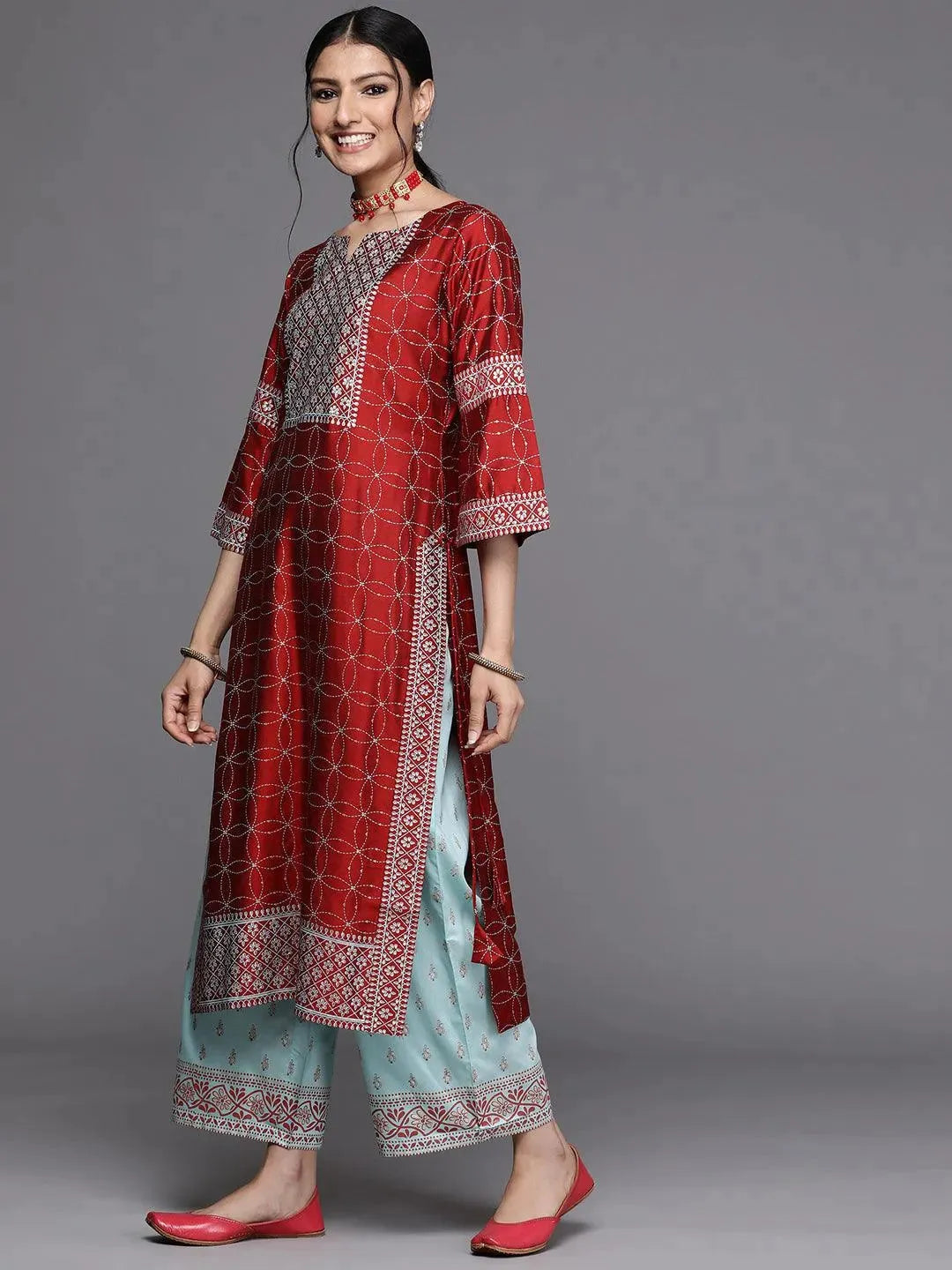 Red Yoke Design Chanderi Silk Kurta - Libas