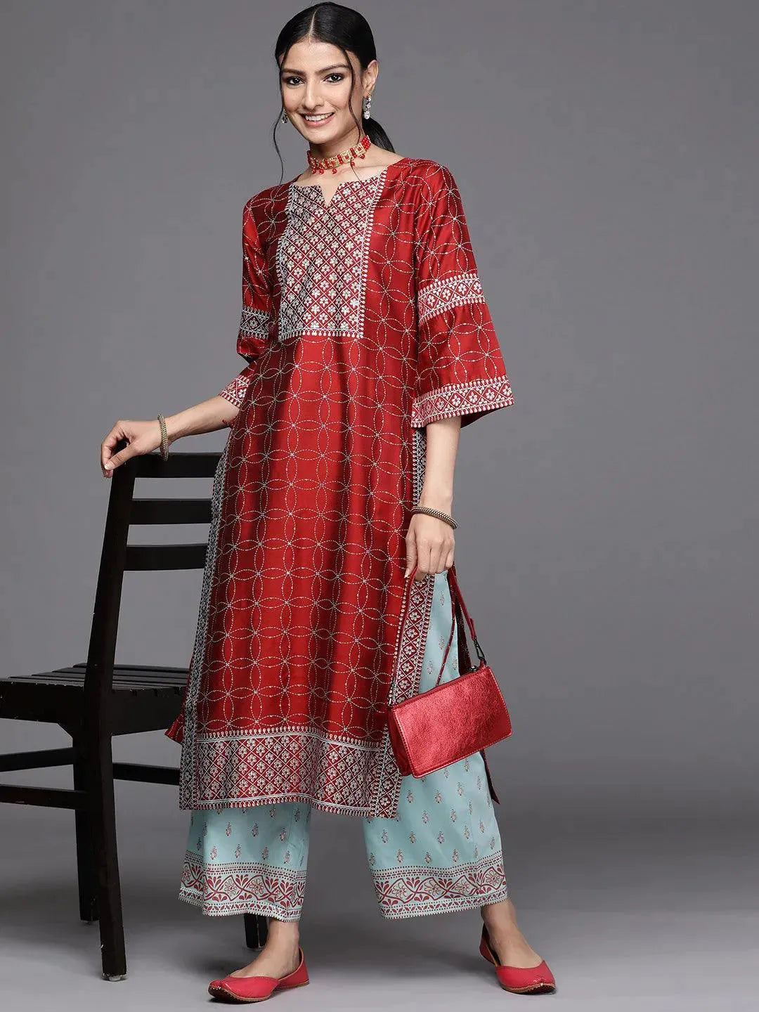 Red Yoke Design Chanderi Silk Kurta - Libas