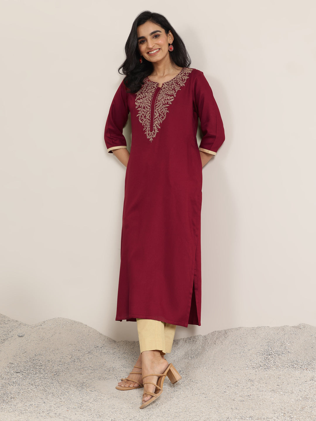  Red Yoke Design Rayon Straight Kurta 