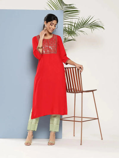 Red Yoke Design Rayon Straight Kurta - Libas