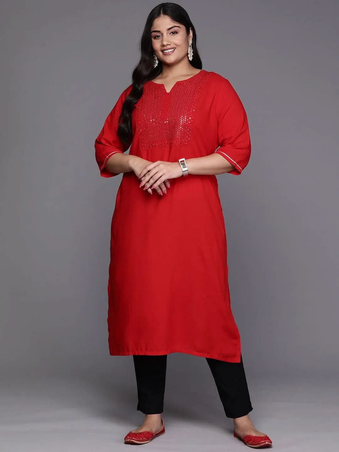 Red Yoke Design Rayon Straight Kurta - Libas 