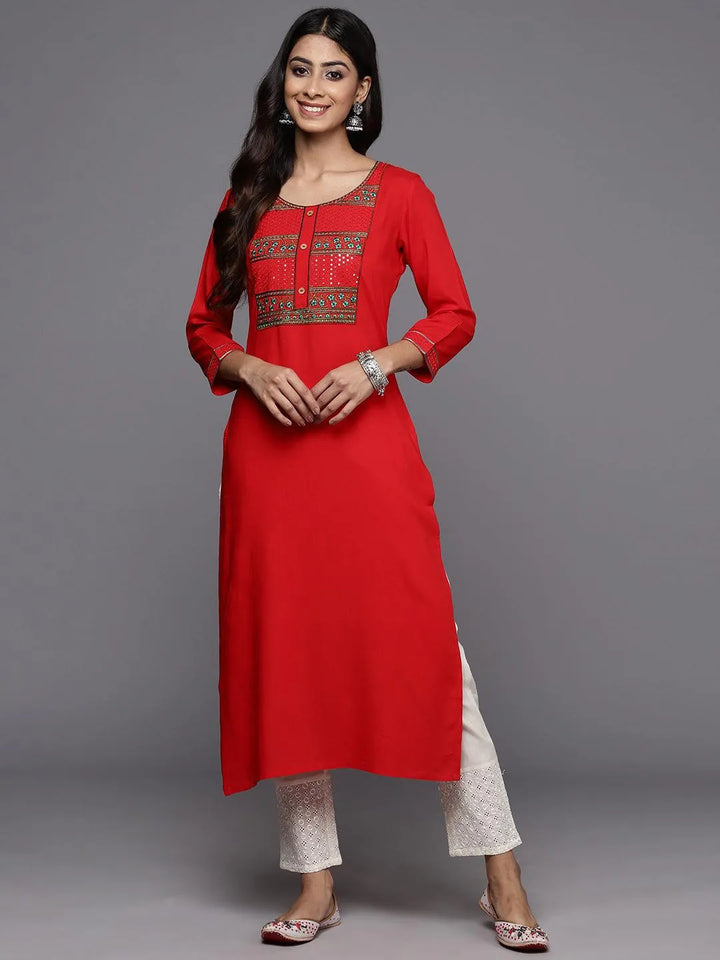 Red Yoke Design Rayon Straight Kurta - Libas