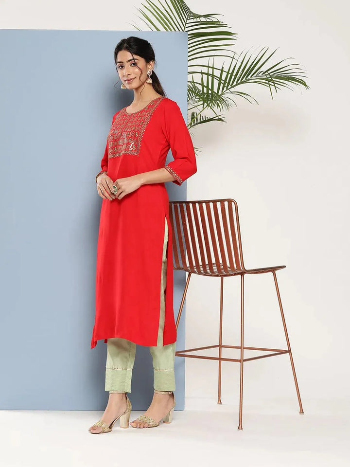Red Yoke Design Rayon Straight Kurta - Libas