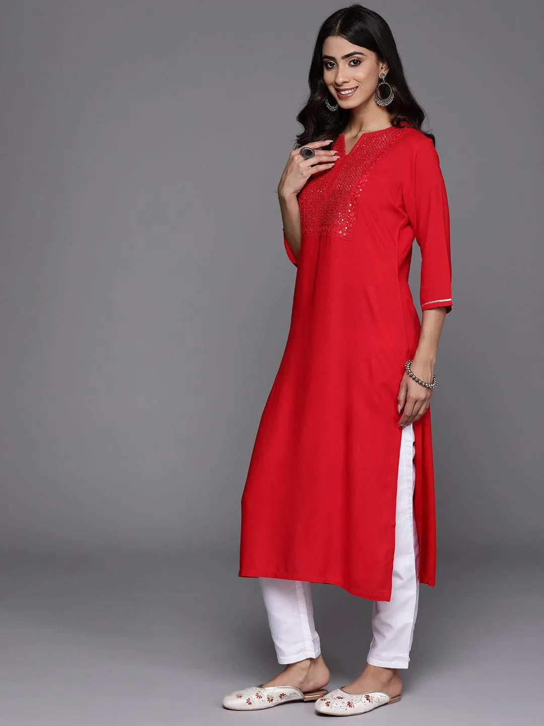 Red Yoke Design Rayon Straight Kurta - Libas 