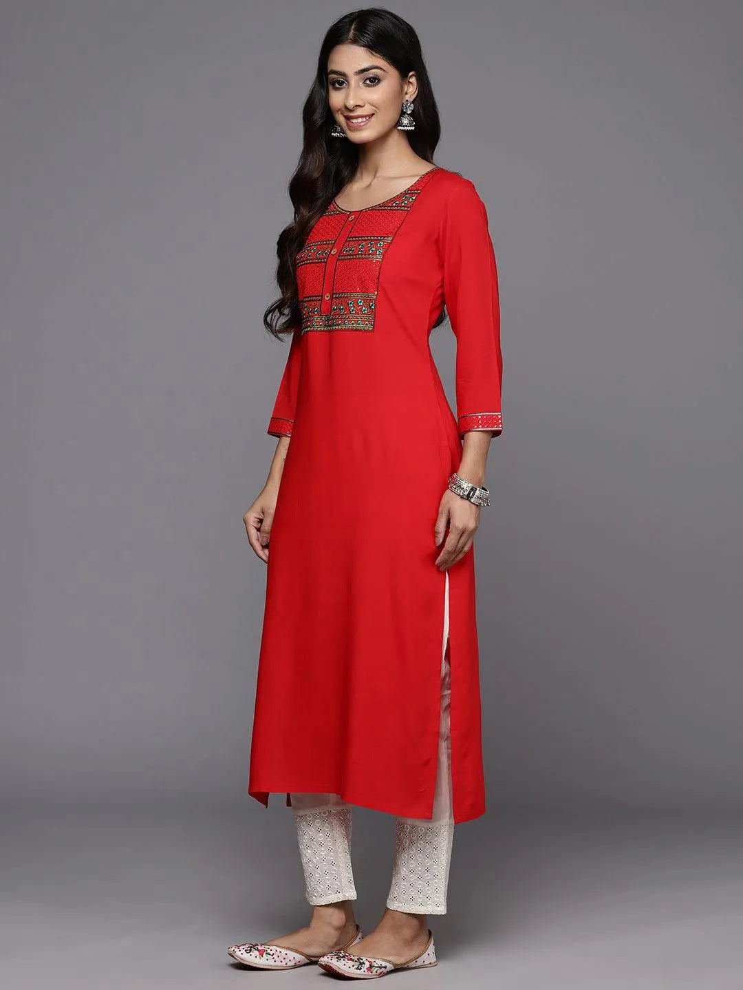 Red Yoke Design Rayon Straight Kurta - Libas 