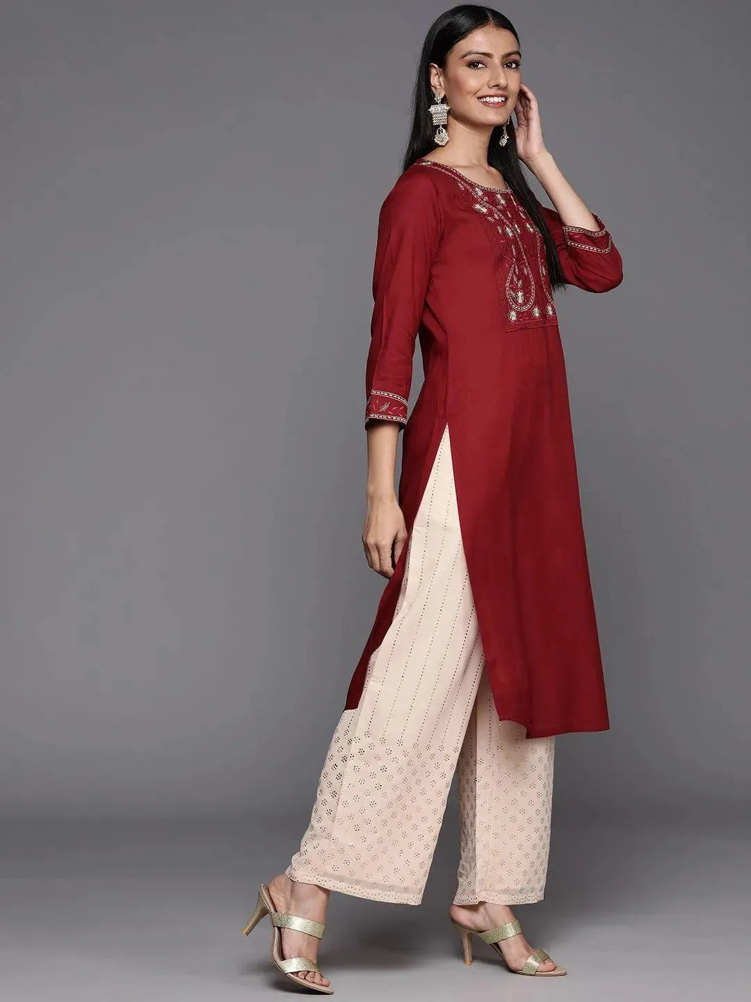 Red Yoke Design Rayon Straight Kurta - Libas