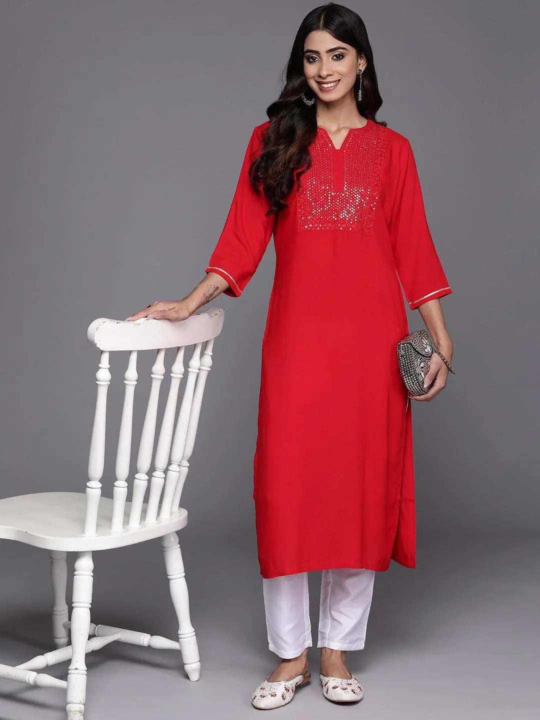 Red Yoke Design Rayon Straight Kurta - Libas 