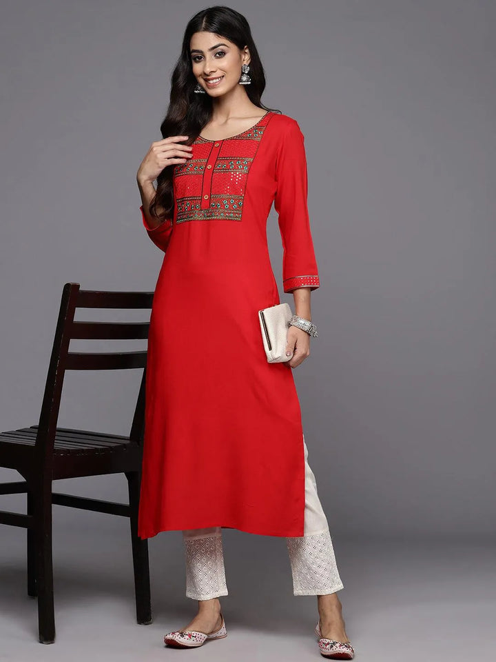 Red Yoke Design Rayon Straight Kurta - Libas