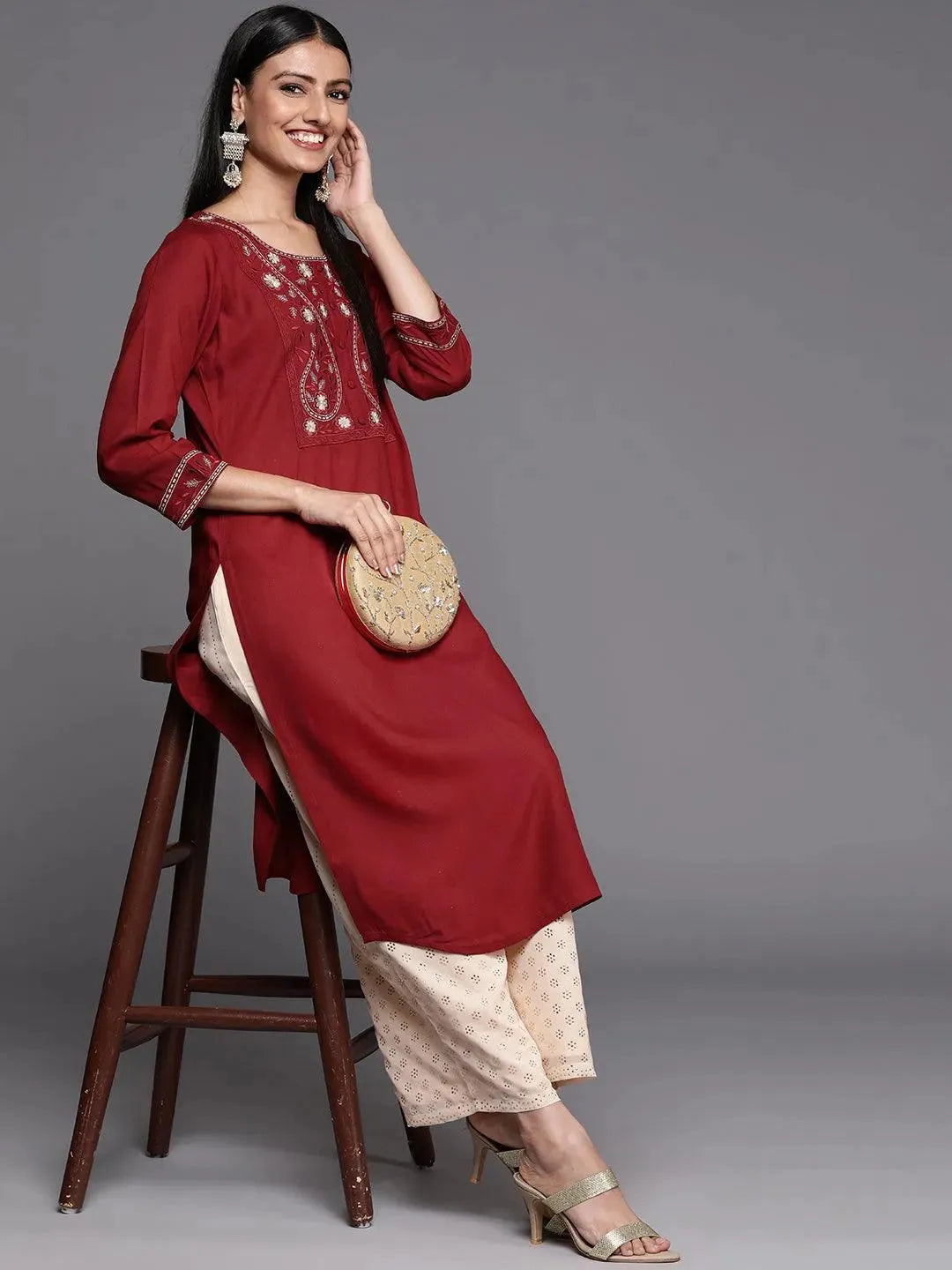 Red Yoke Design Rayon Straight Kurta - Libas