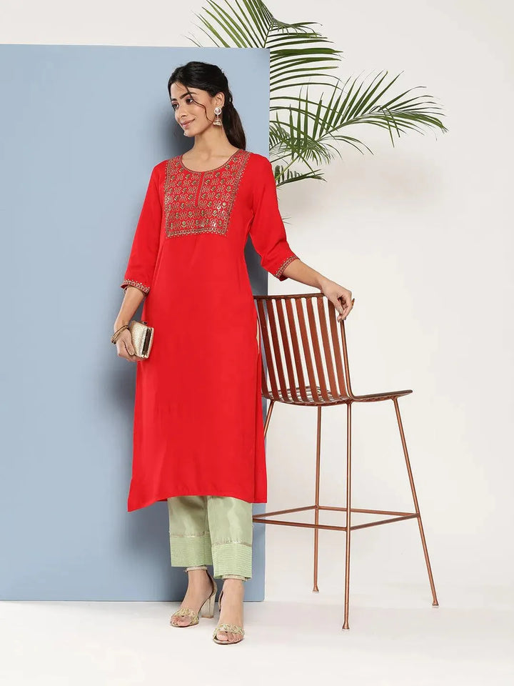 Red Yoke Design Rayon Straight Kurta - Libas