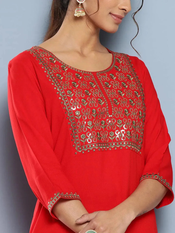 Red Yoke Design Rayon Straight Kurta - Libas