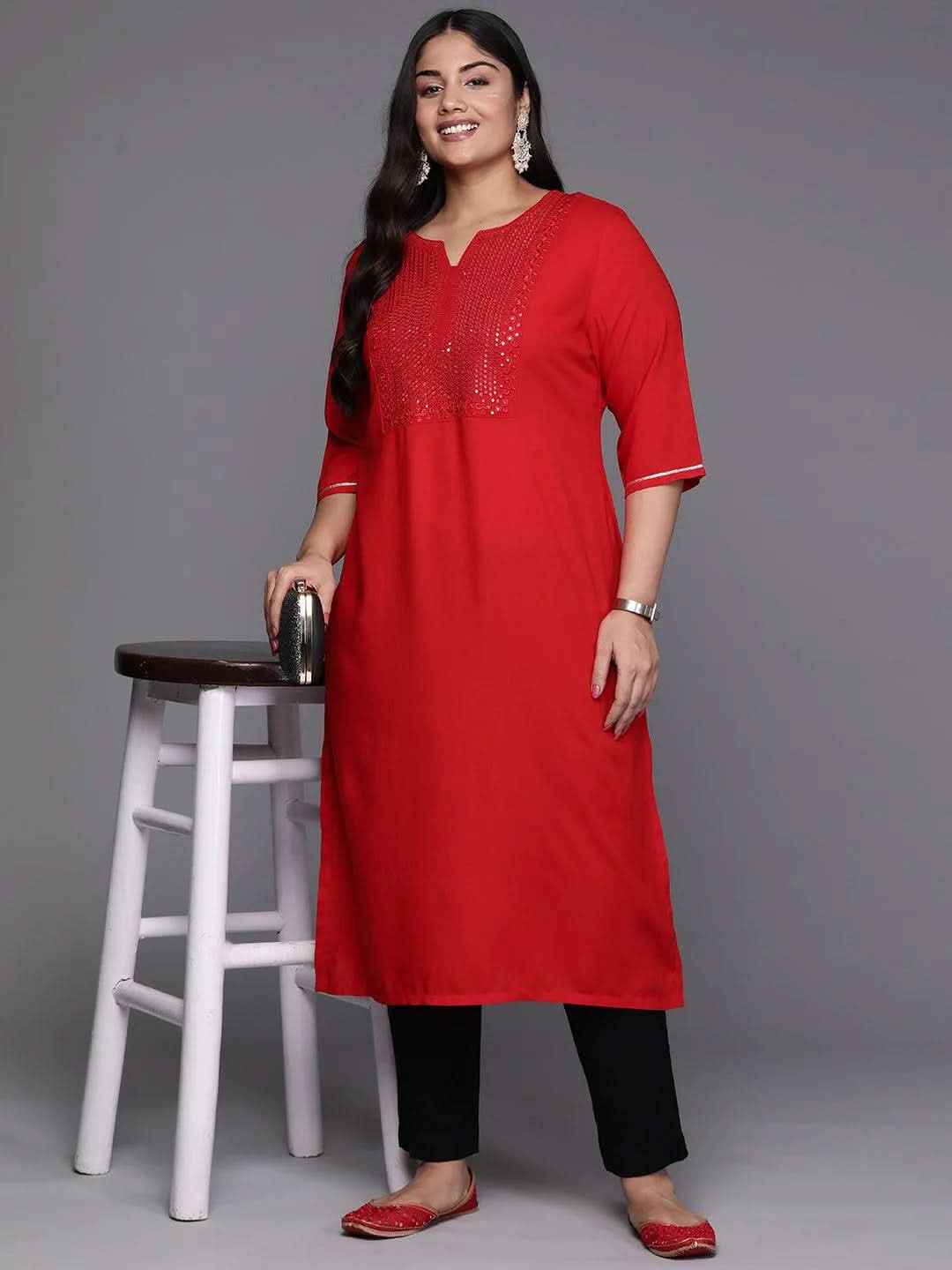 Red Yoke Design Rayon Straight Kurta - Libas 