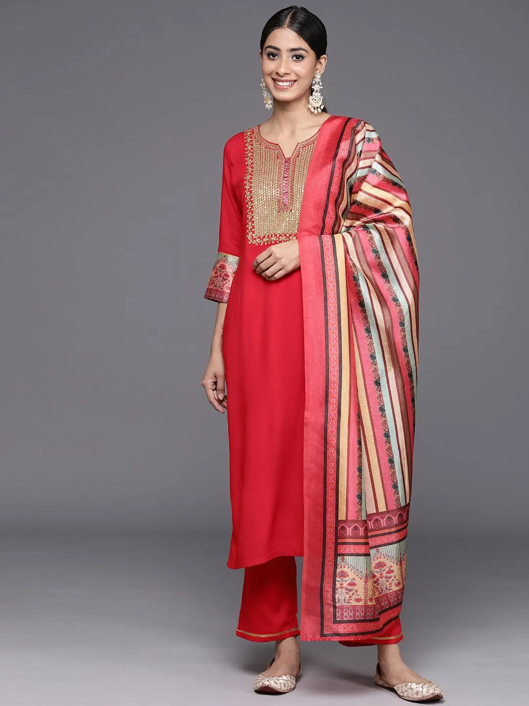 Red Yoke Design Rayon Straight Kurta With Trousers & Dupatta - Libas