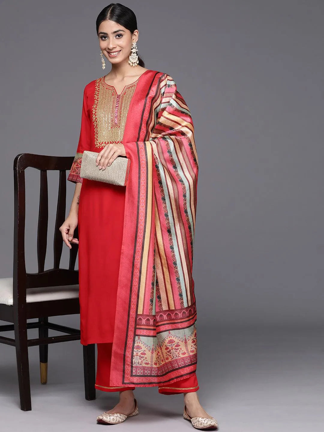 Red Yoke Design Rayon Straight Kurta With Trousers & Dupatta - Libas