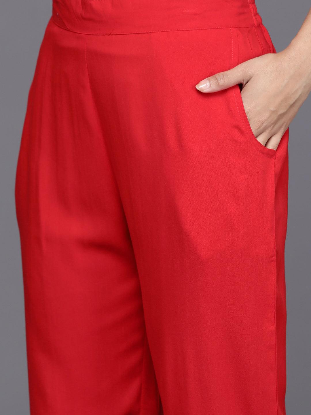 Red Yoke Design Rayon Straight Kurta With Trousers & Dupatta