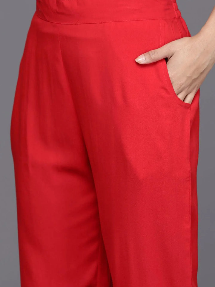 Red Yoke Design Rayon Straight Kurta With Trousers & Dupatta - Libas