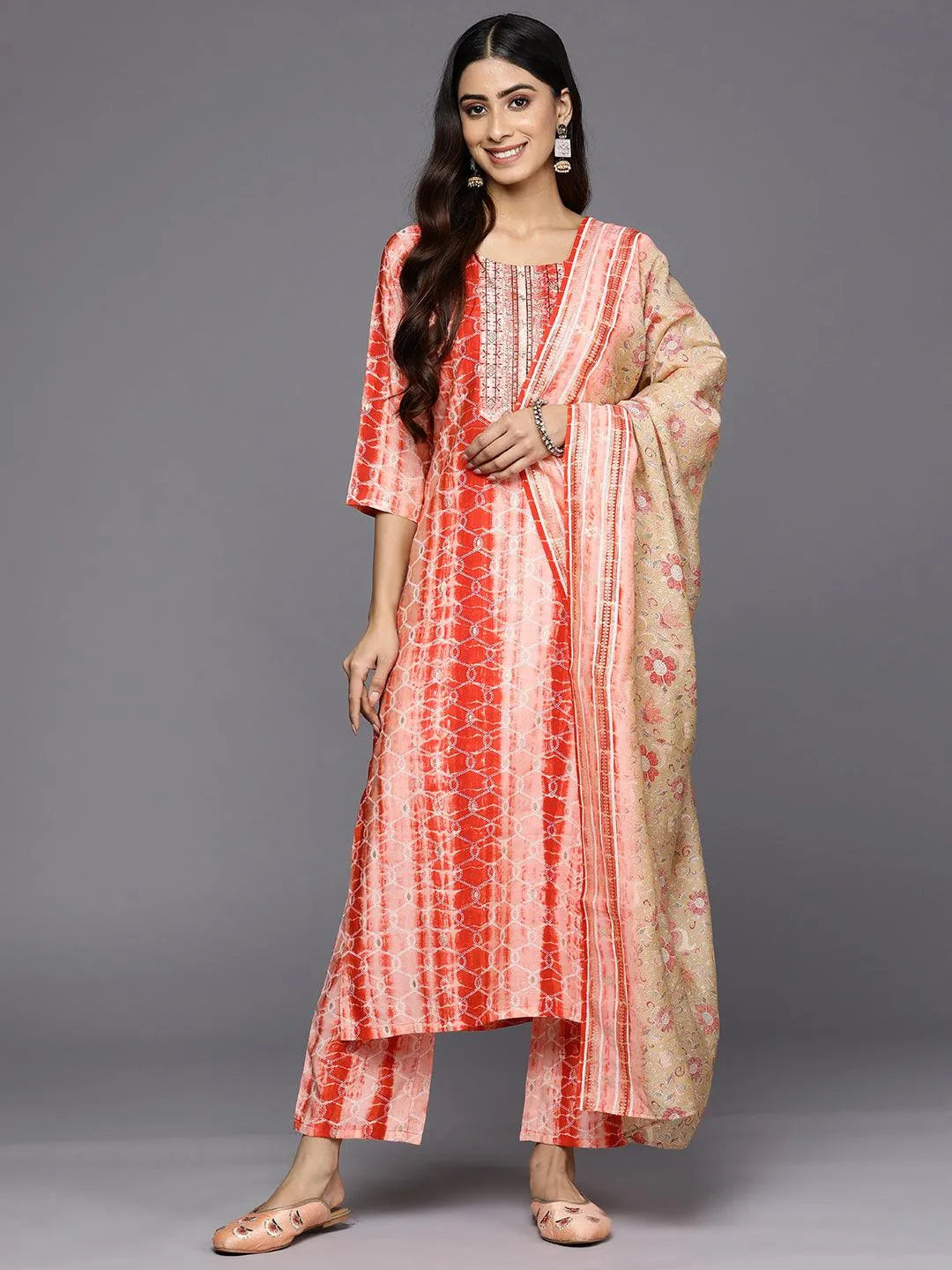 Red Yoke Design Silk Blend Straight Suit Set With Trousers - Libas