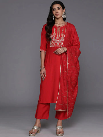 Red Yoke Design Silk Blend Straight Suit With Dupatta
