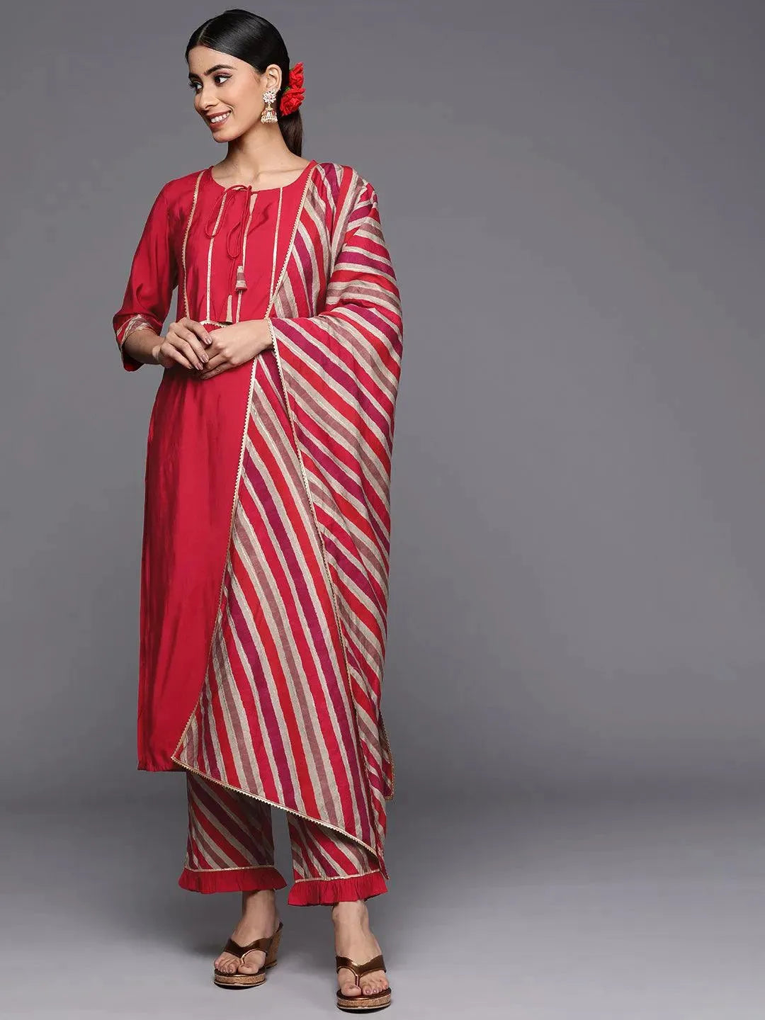 Red Yoke Design Silk Blend Straight Kurta With Trousers & Dupatta