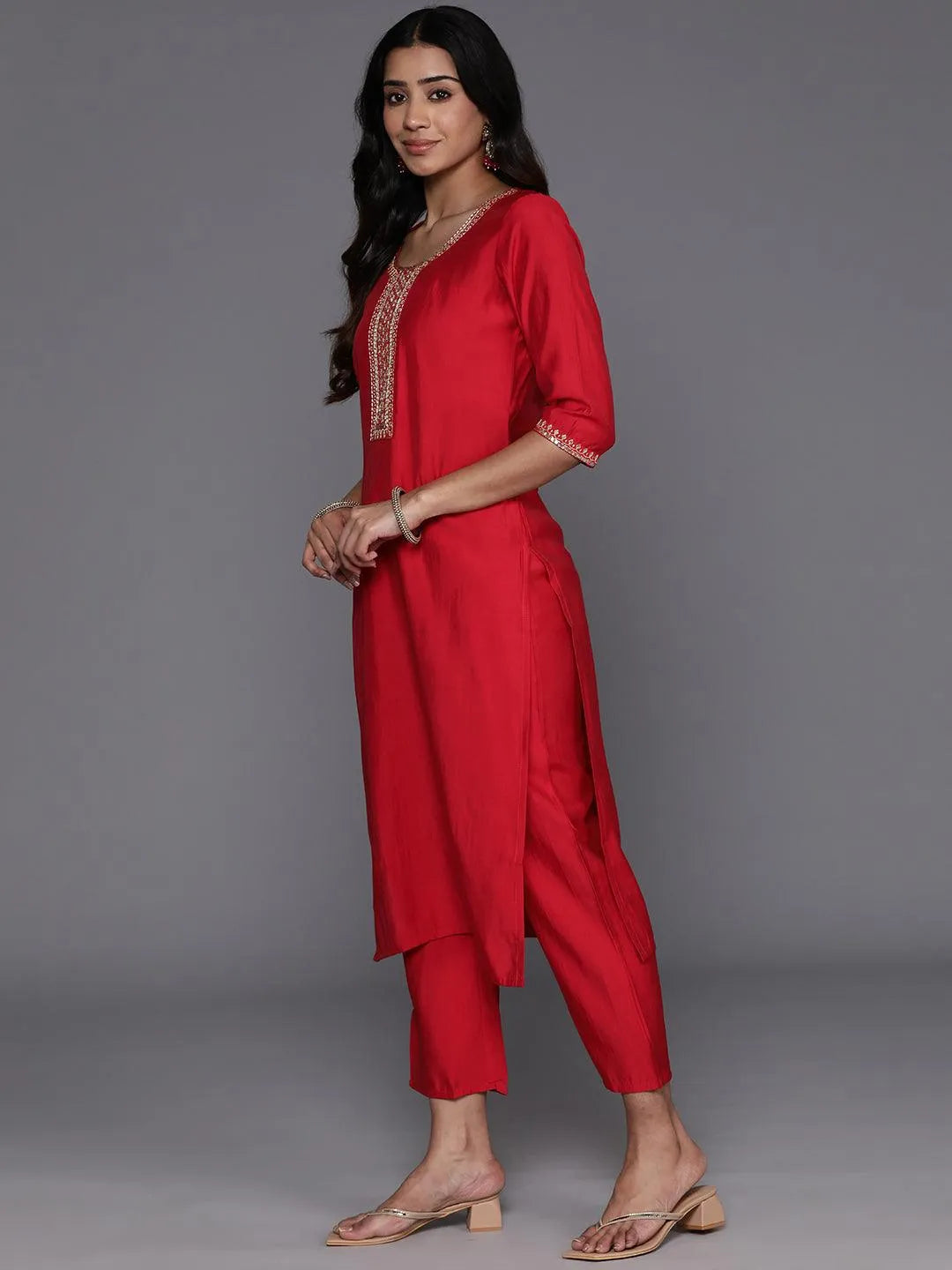 Red Yoke Design Rayon Straight Kurta With Trousers & Dupatta
