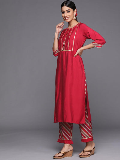 Red Yoke Design Silk Blend Straight Suit Set With Trousers - Libas