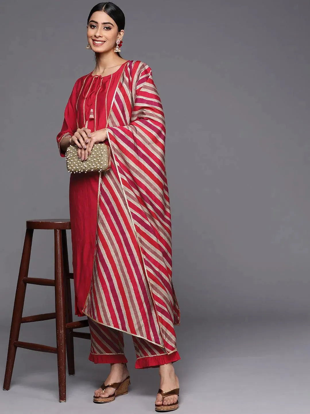 Red Yoke Design Silk Blend Straight Suit Set With Trousers - Libas 