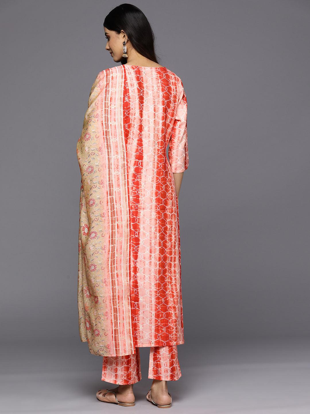 Red Yoke Design Silk Blend Straight Kurta With Trousers & Dupatta