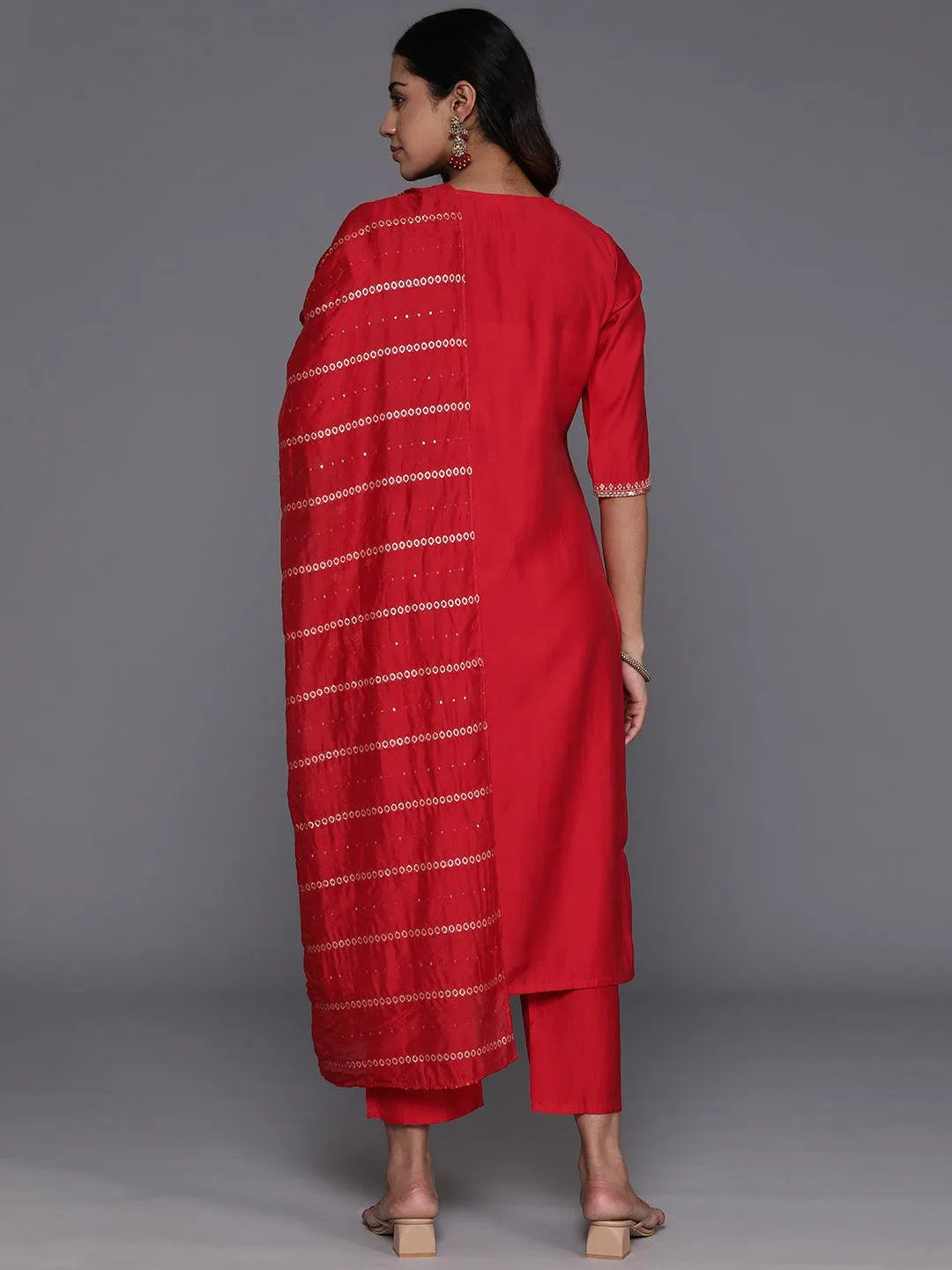 Red Woven Design Silk Blend Straight Suit Set With Dupatta