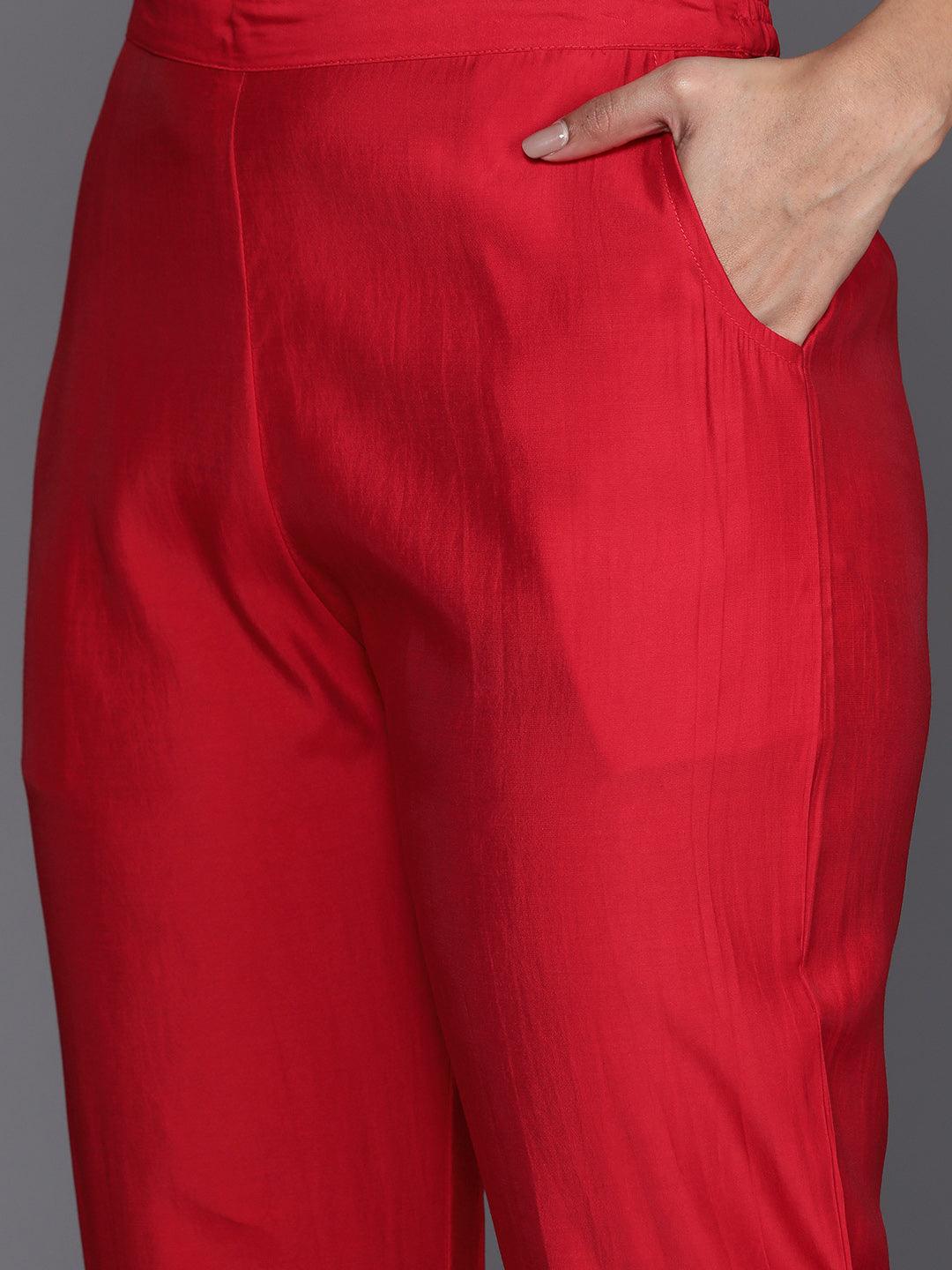 Red Yoke Design Silk Blend Straight Suit With Dupatta