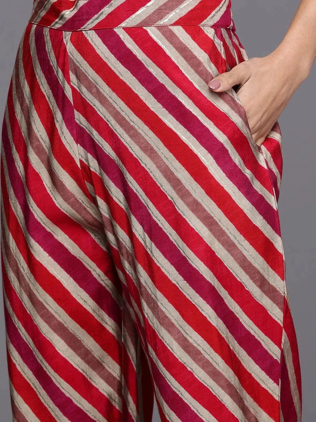 Red Yoke Design Silk Blend Straight Suit Set With Trousers - Libas 