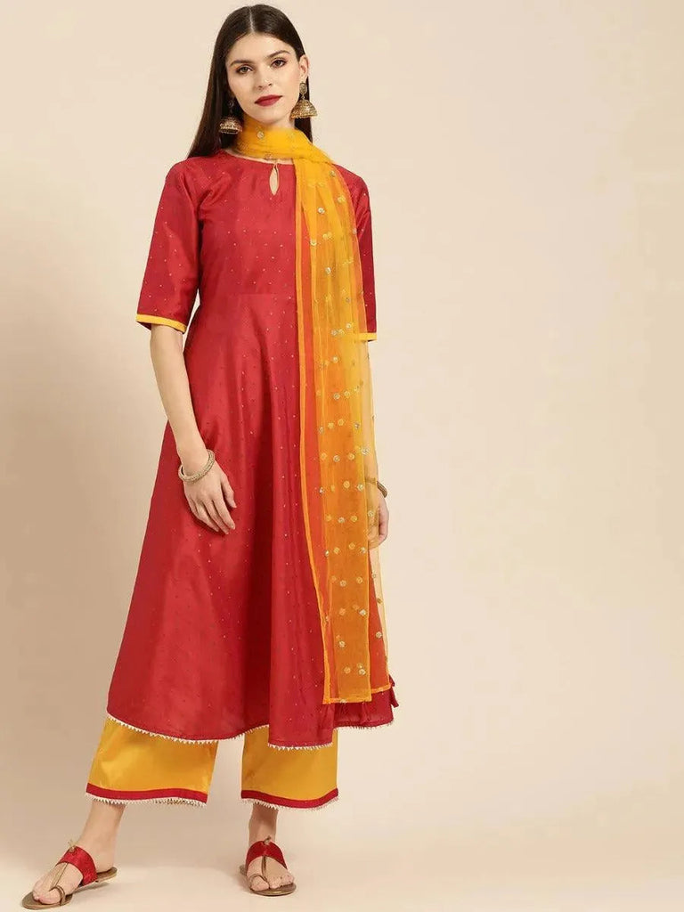 Libas Red Zari Work Chanderi Silk Anarkali Kurta With Palazzos & Dupatta