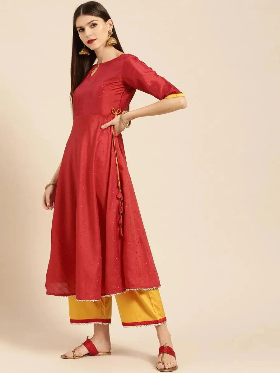 Red Zari Work Chanderi Suit Set - Libas 