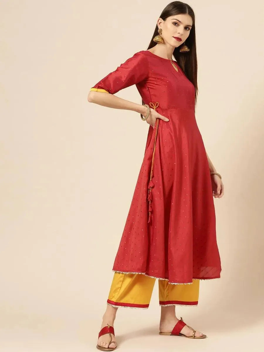 Red Zari Work Chanderi Suit Set - Libas 