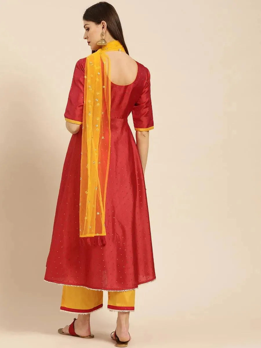 Red Zari Work Chanderi Suit Set - Libas