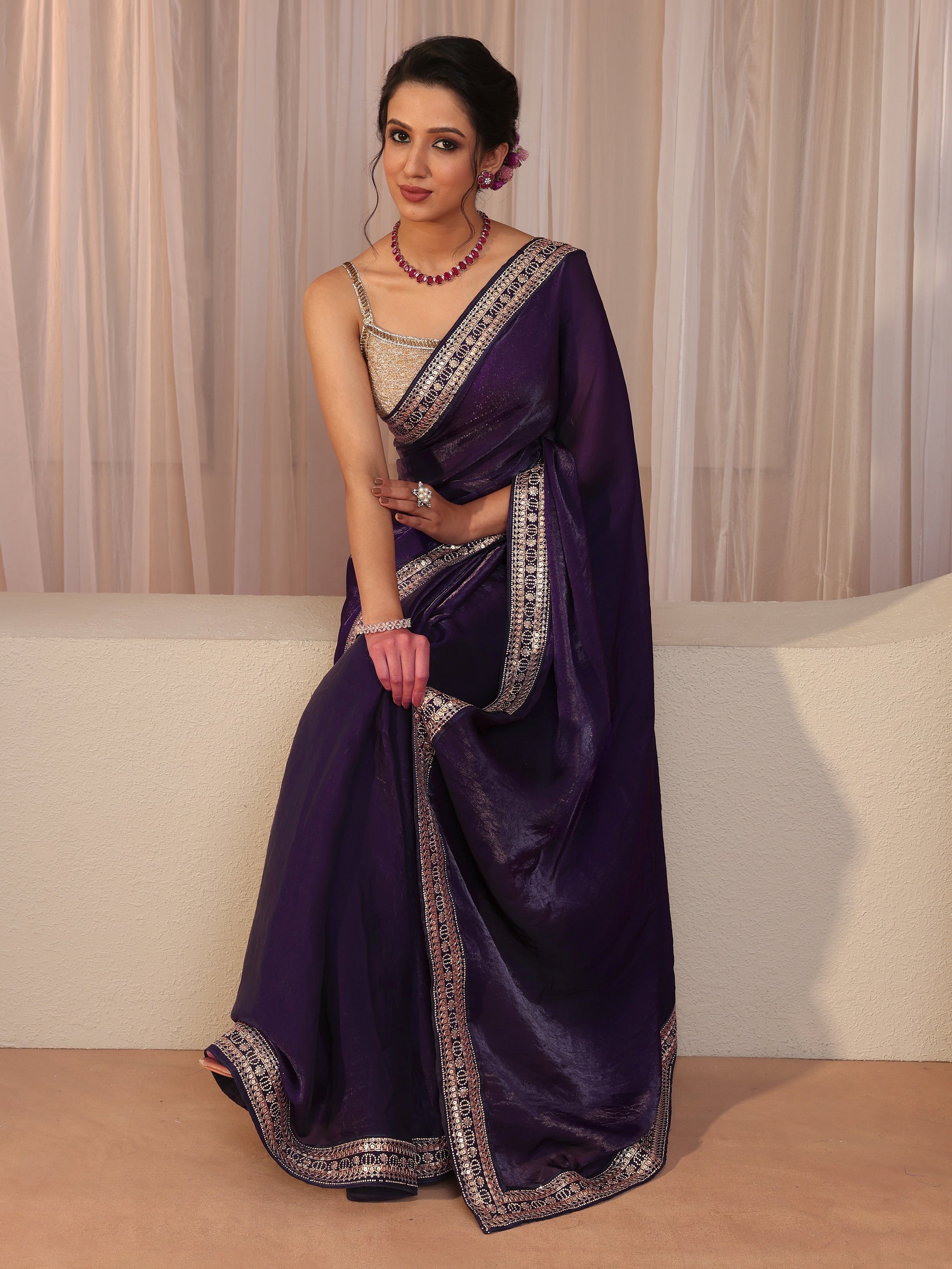 Regal Purple Embellished Border Tissue Saree-image-18