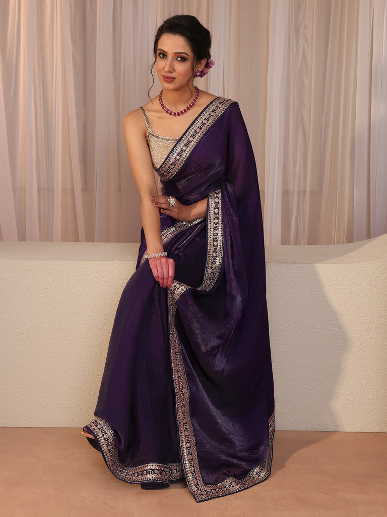 Libas Regal Purple Embellished Border Tissue Saree