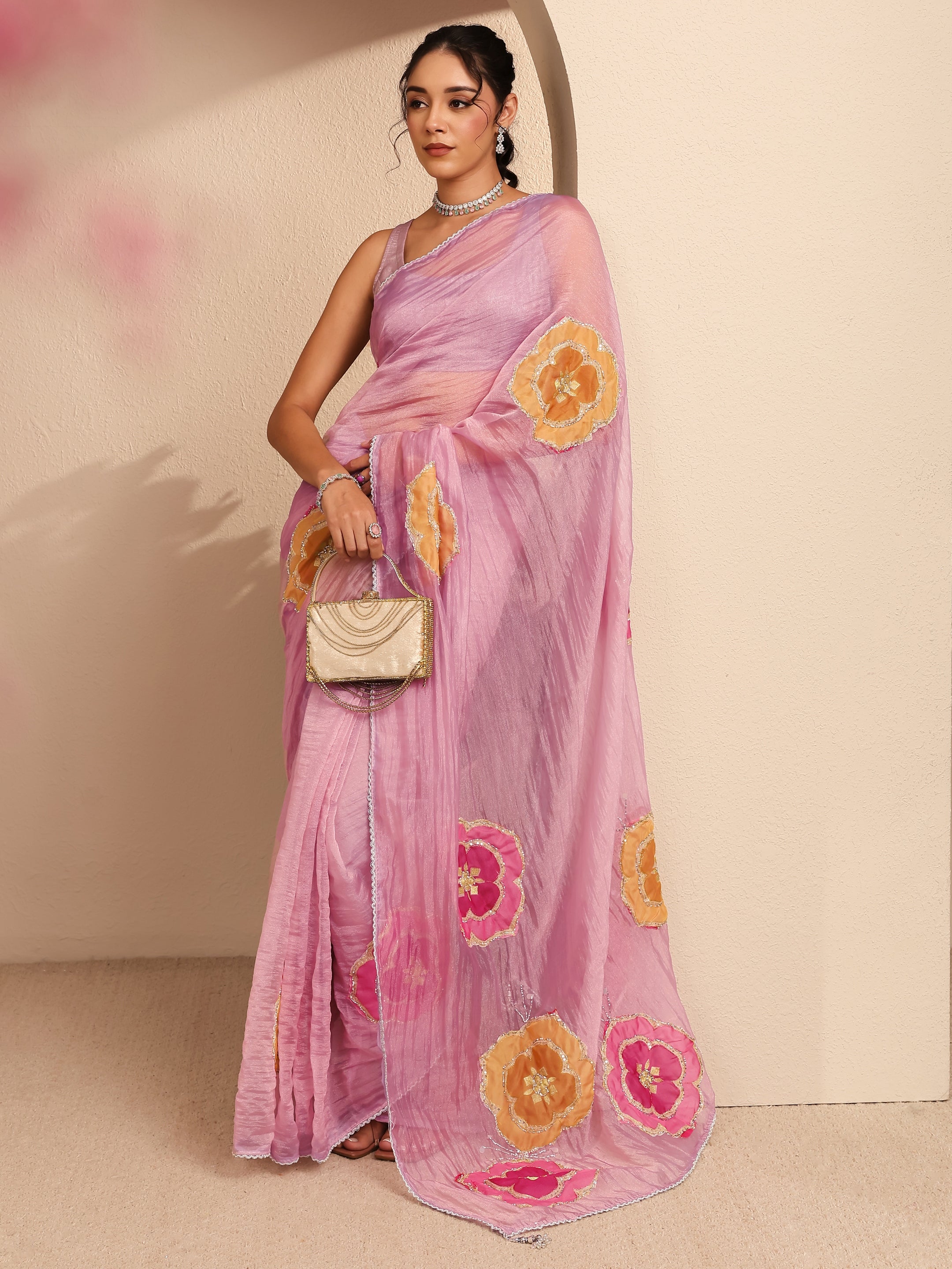 Rose Pink Floral Embellished Organza Saree-image-9