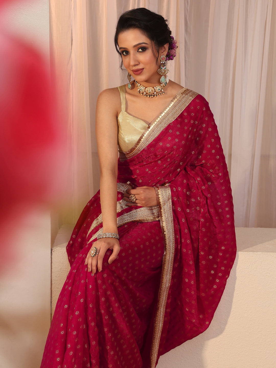  Rose Pink Foil Printed Tissue Saree 