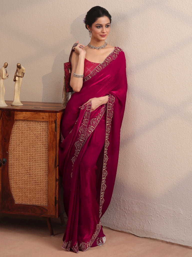 Libas Rose Pink Tissue Saree With Embroidered Border