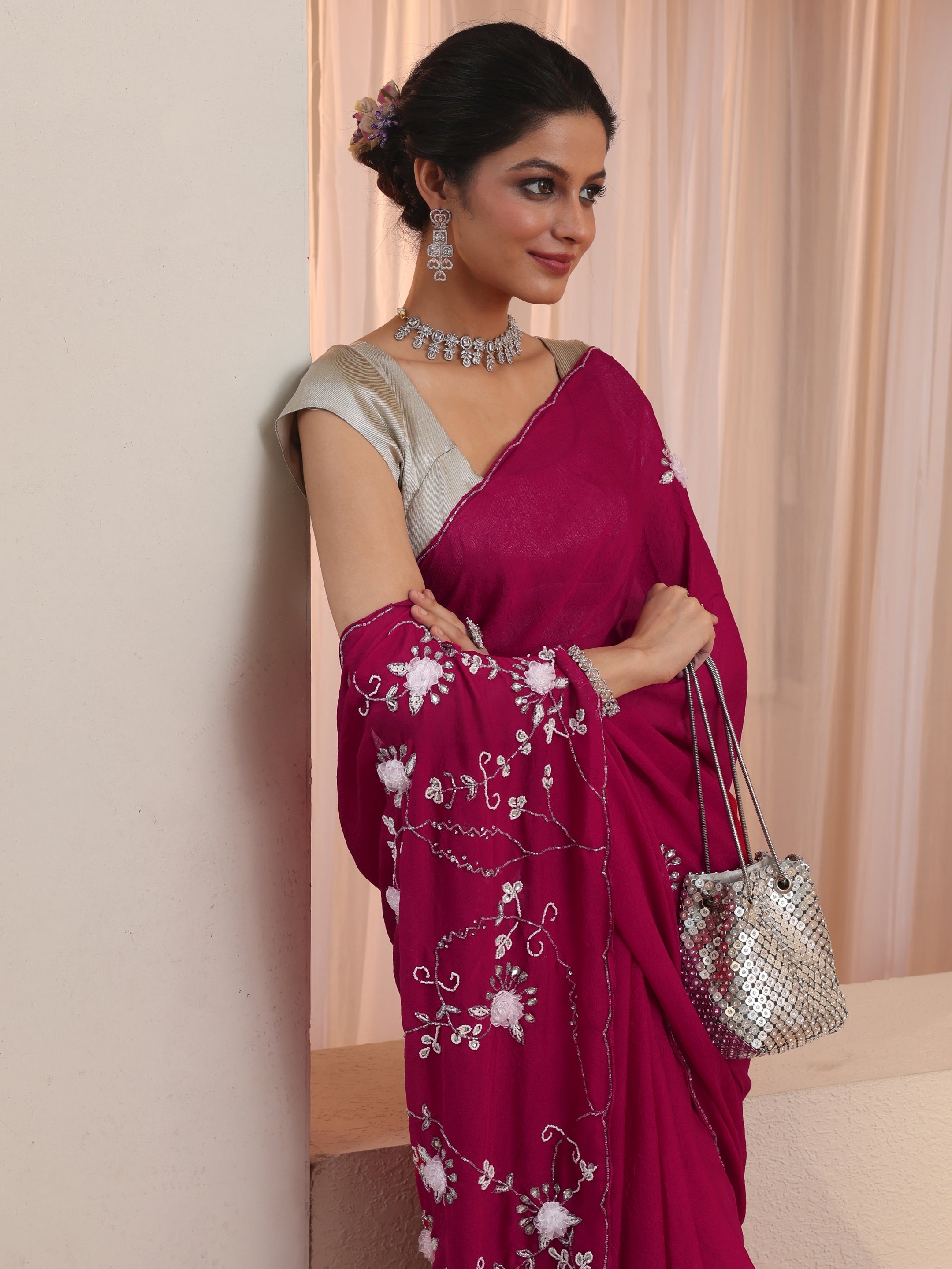 libas Rose Pink Tissue Saree With Floral Motif Pallu-picture-18