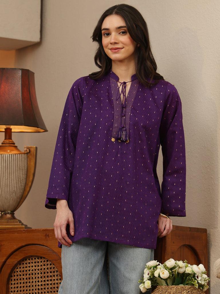 Libas Royal Purple Woven Design Silk Blend Straight Short Kurti