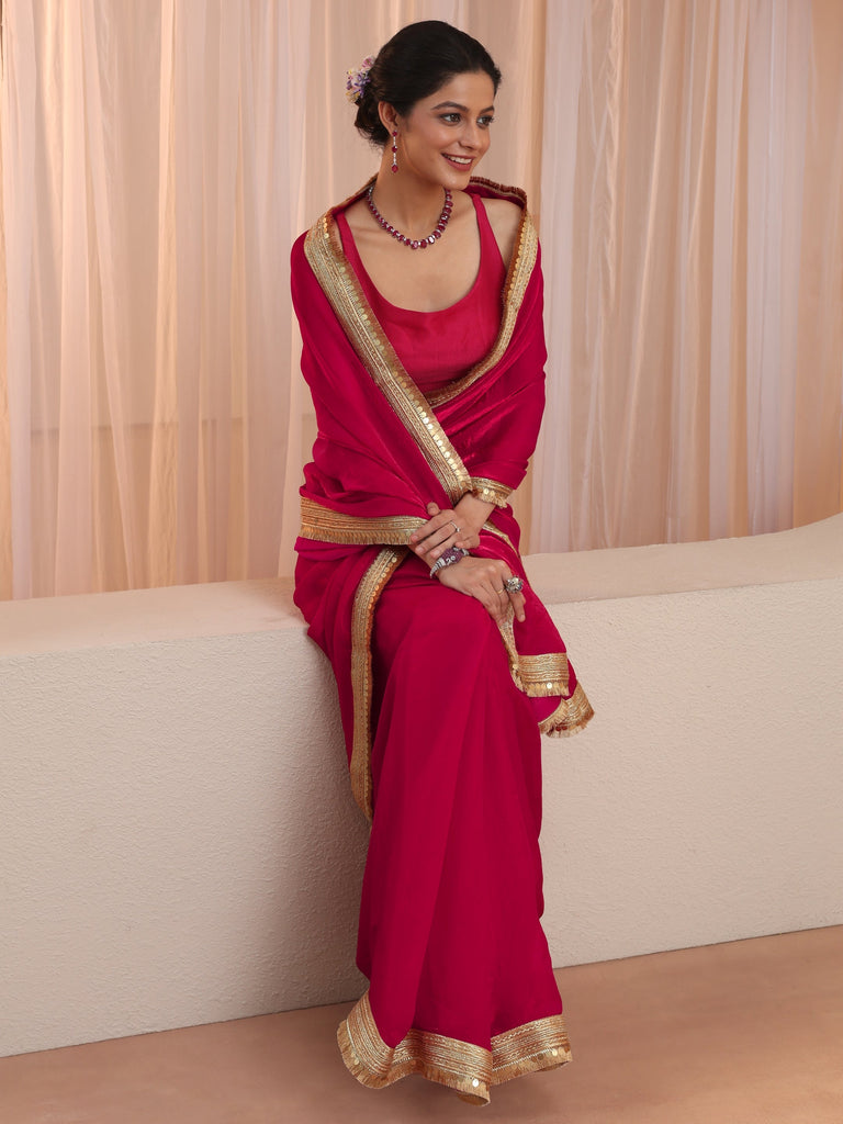 Libas Ruby Pink Tissue Saree With Embellished Border