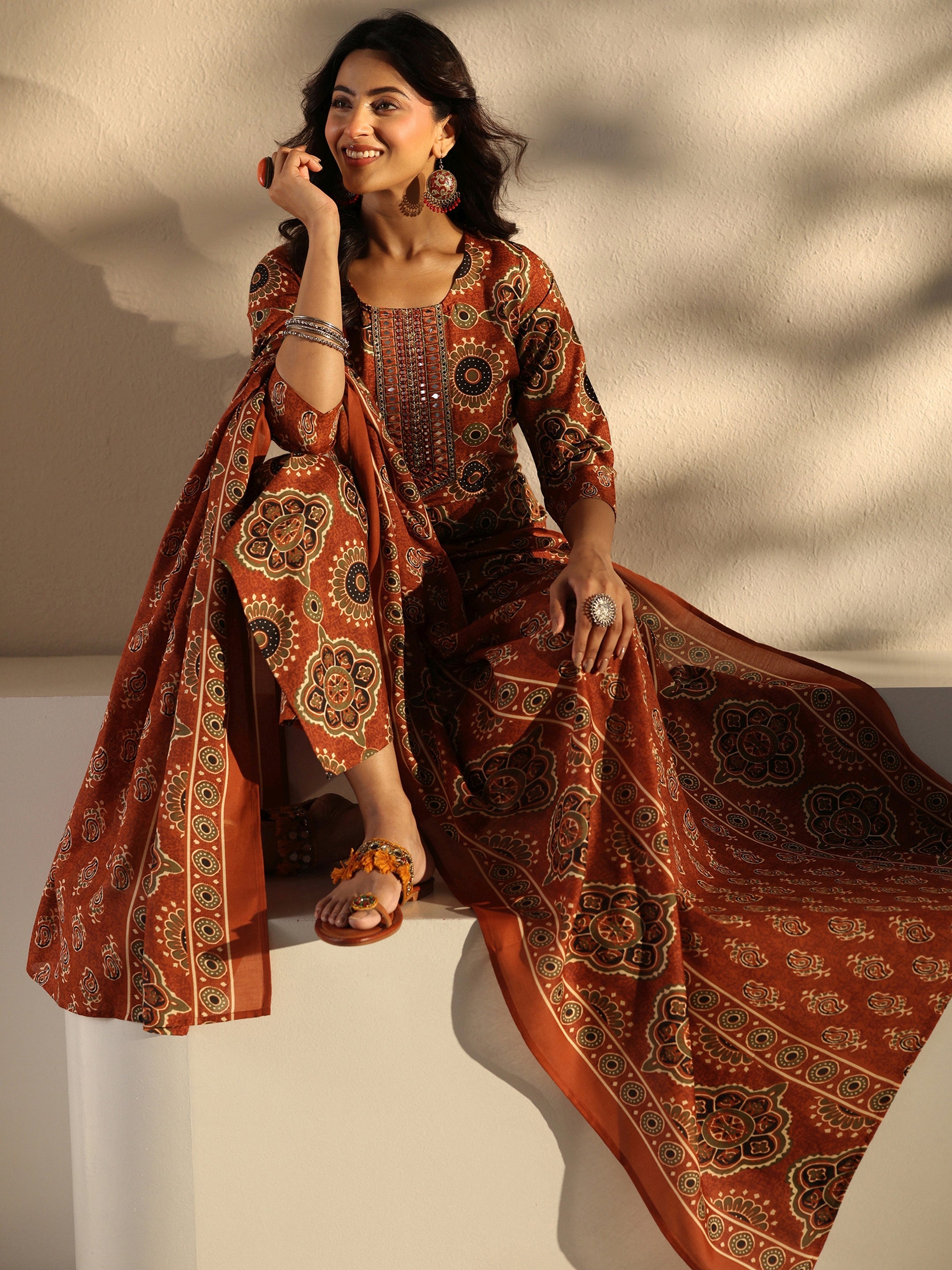 libas Rust Ajrakh Printed Cotton Blend Straight Suit Set With Dupatta-picture-11