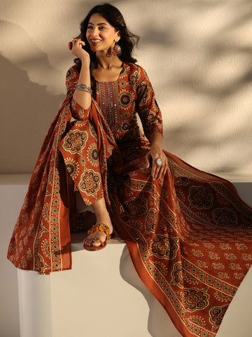 Rust Ajrakh Printed Cotton Blend Straight Suit Set With Dupatta