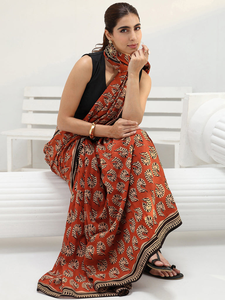 Libas Rust Bagru Print Cotton Saree